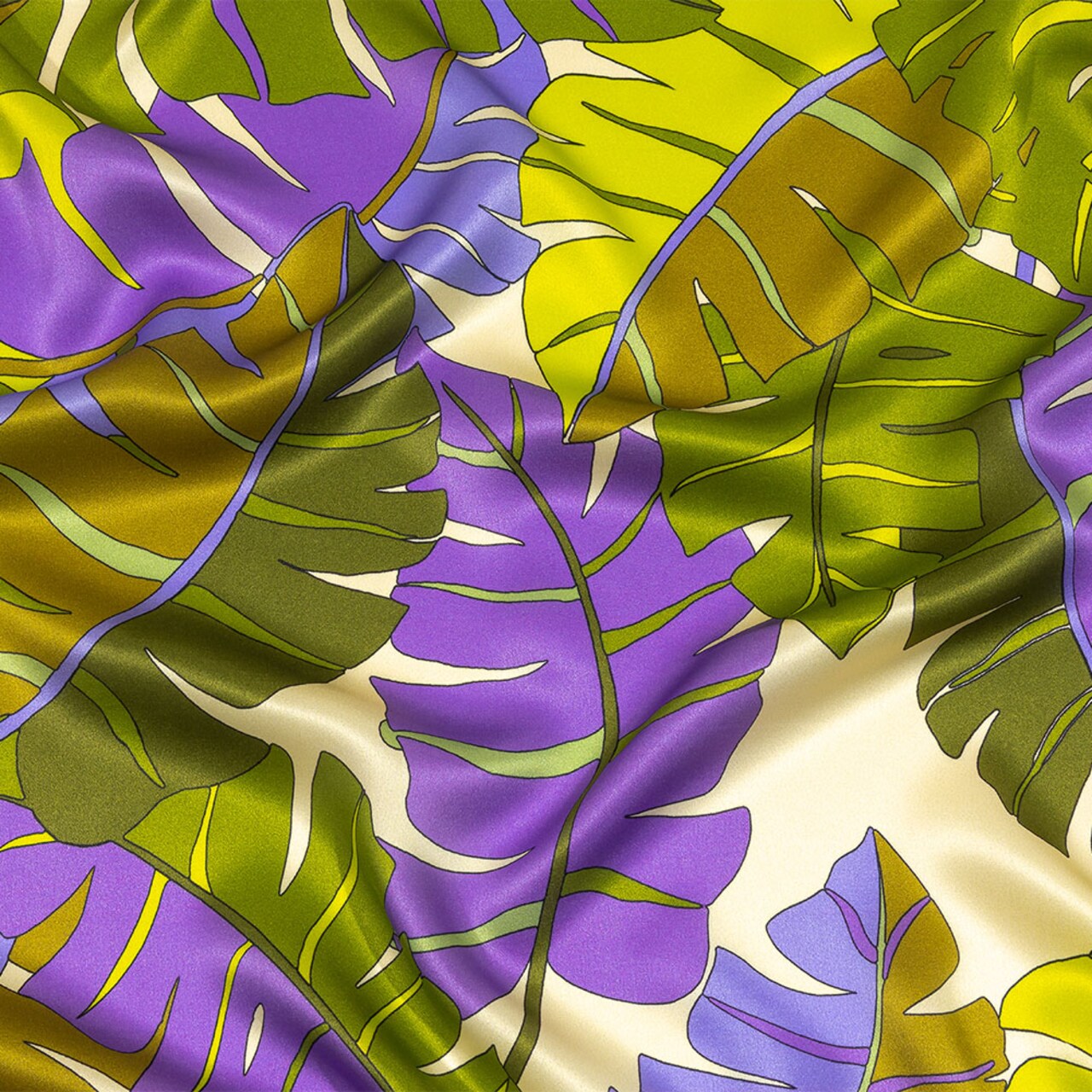 1 Yard Italian Deep Lavender Jungle Leaf Silk Charmeuse with Olive and Lime 52 Inches Wide